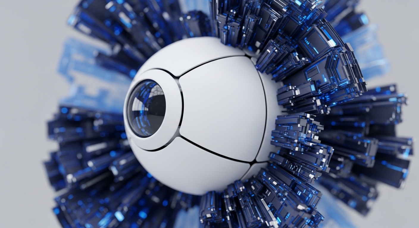 A polished white sphere, resembling an eye with its reflective lens, is at the center of a complex, starburst-like arrangement of dark blue, geometric structures. These outward-projecting elements are segmented and illuminated with small, bright blue lights, hinting at advanced computational processes and robust cryptographic protocols