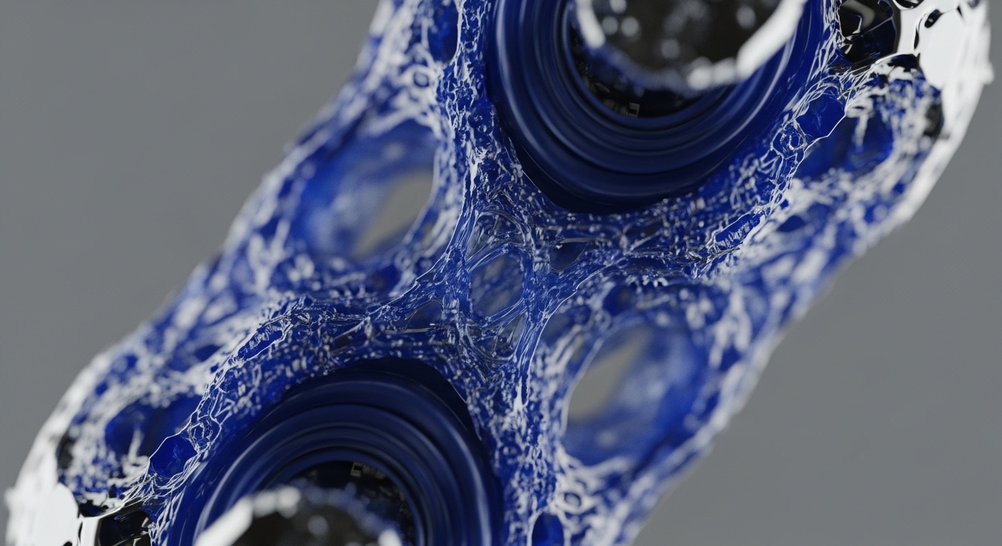 A detailed close-up reveals a vibrant blue, textured, and interconnected structure against a soft grey background. The foreground shows clear, crystalline details and depth, while elements blur into the background, creating a sense of expansive, intricate design
