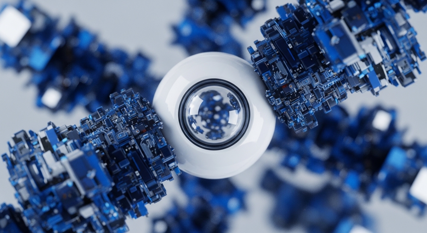 A white, spherical central unit with a lens reflecting a complex blue digital landscape is enveloped by branching, intricate blue structures resembling advanced circuitry. This imagery evokes the central hub of a decentralized system, perhaps a core validator node or a genesis block's computational nexus