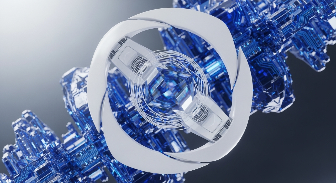 A highly detailed abstract visualization showcases a central crystalline core radiating outward with intricate, glowing blue circuitry, reminiscent of advanced blockchain architecture. A smooth, white toroidal structure encircles the core, potentially representing a secure cryptographic handshake or a novel layer-two scaling solution