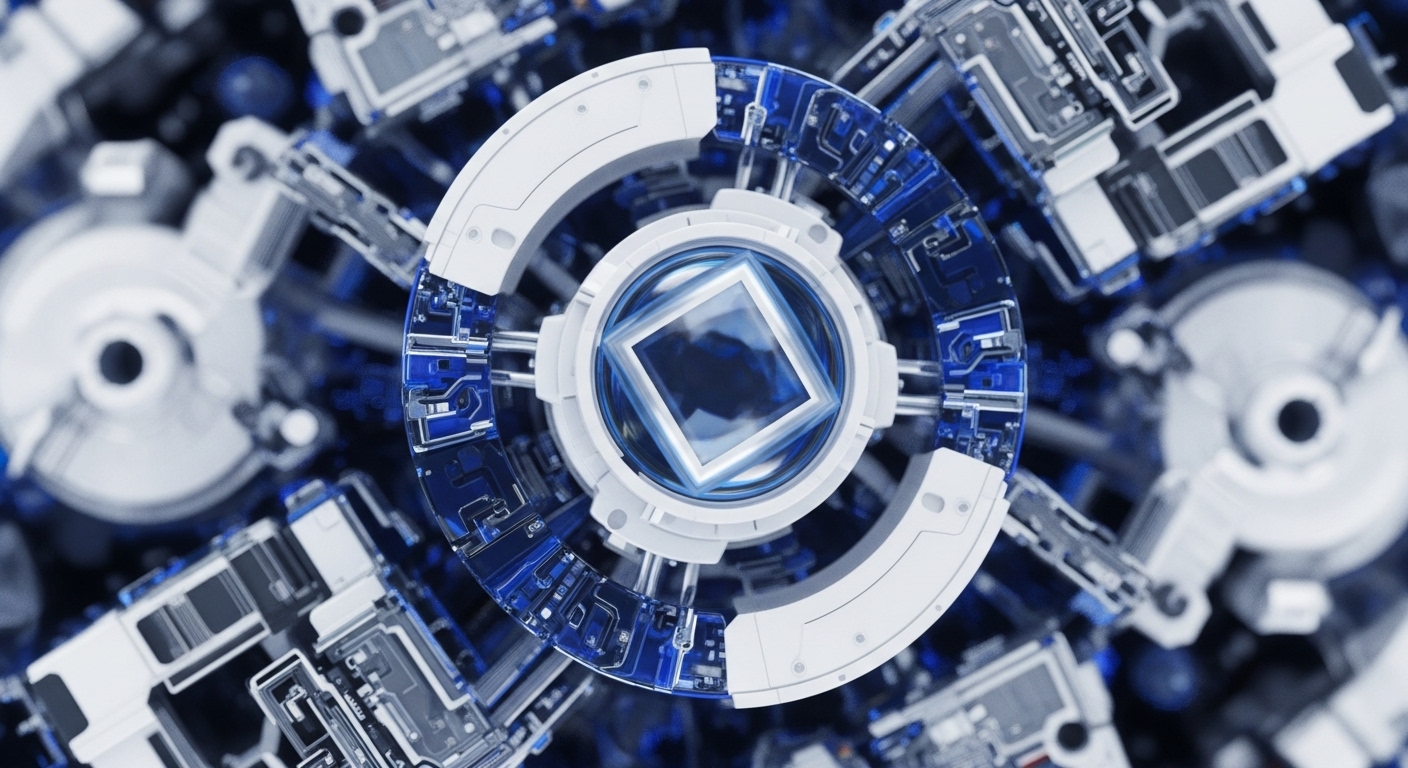 The visual presents an intricate, futuristic mechanical structure with sharp geometric lines and a central, glowing cubic crystal. Interconnected metallic components and circuit-like patterns in shades of silver and deep blue dominate the scene, evoking a sense of advanced technological design