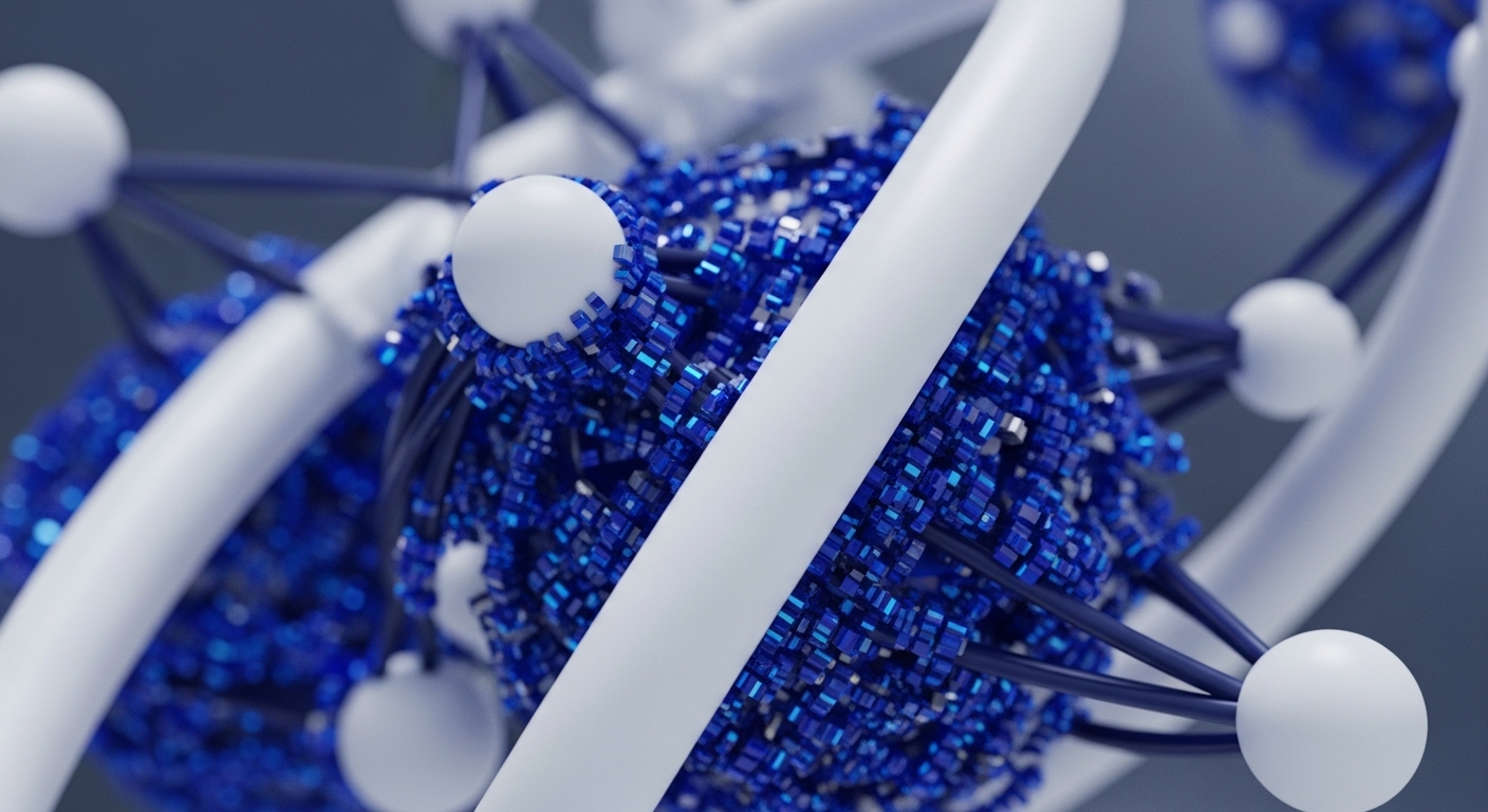 The visual displays a network of interconnected nodes, characterized by spherical white elements and branching blue tendrils, converging on dense clusters of shimmering blue cubic particles. White helical structures wrap around this central nexus, suggesting pathways and architectural frameworks
