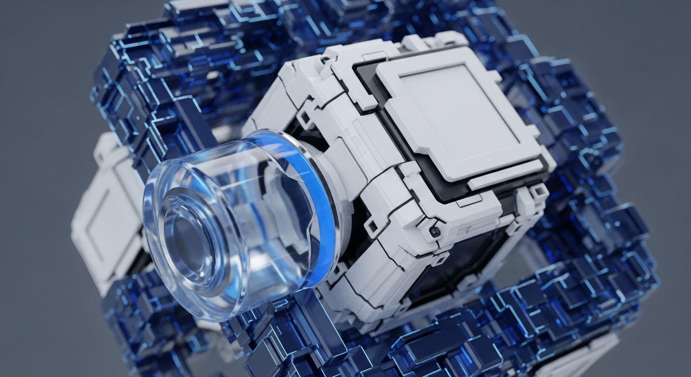 The image showcases a central, white, angular computational core integrated with a clear, blue-ringed cylindrical lens, all encased within a dense, blue, grid-like structure. This abstract representation evokes the sophisticated architecture of modern cryptocurrency networks and blockchain technology