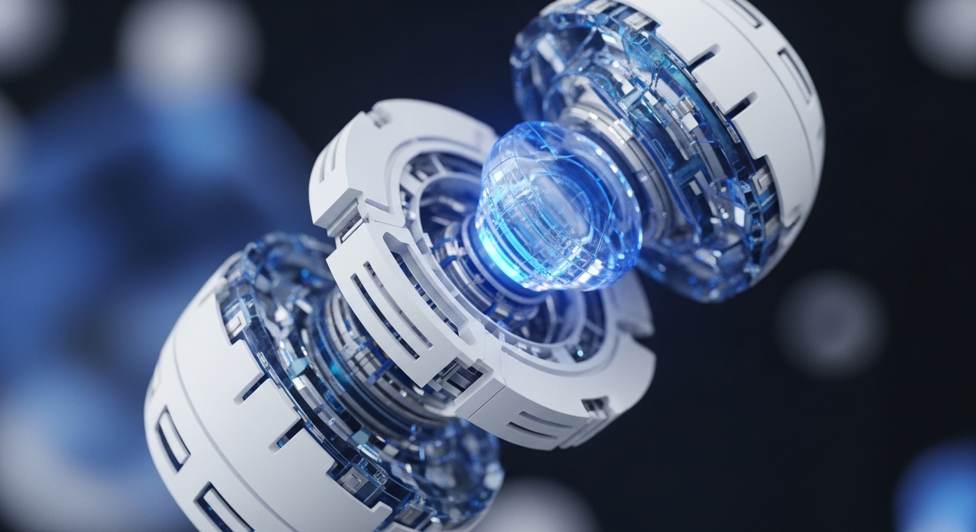 A glowing blue energy sphere is suspended between two complex, interlocking mechanical structures. These structures, rendered in white and transparent materials with visible internal circuitry, evoke the sophisticated engineering of a decentralized network