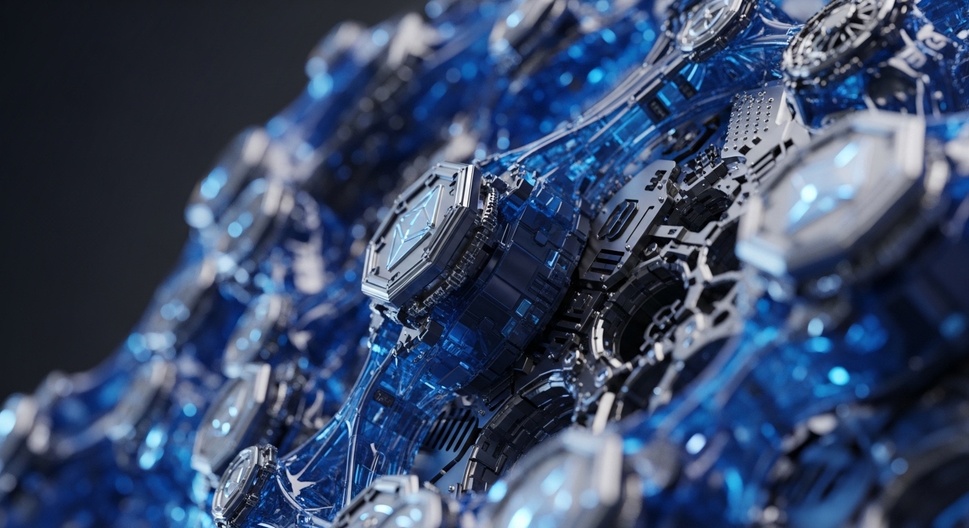 A detailed, close-up perspective showcases a sophisticated network of interconnected components, featuring metallic grey structures interspersed with translucent, glowing blue elements. The composition highlights sharp hexagonal modules, some emitting a bright blue light, set against a dark, blurred background, creating a sense of depth and advanced technology
