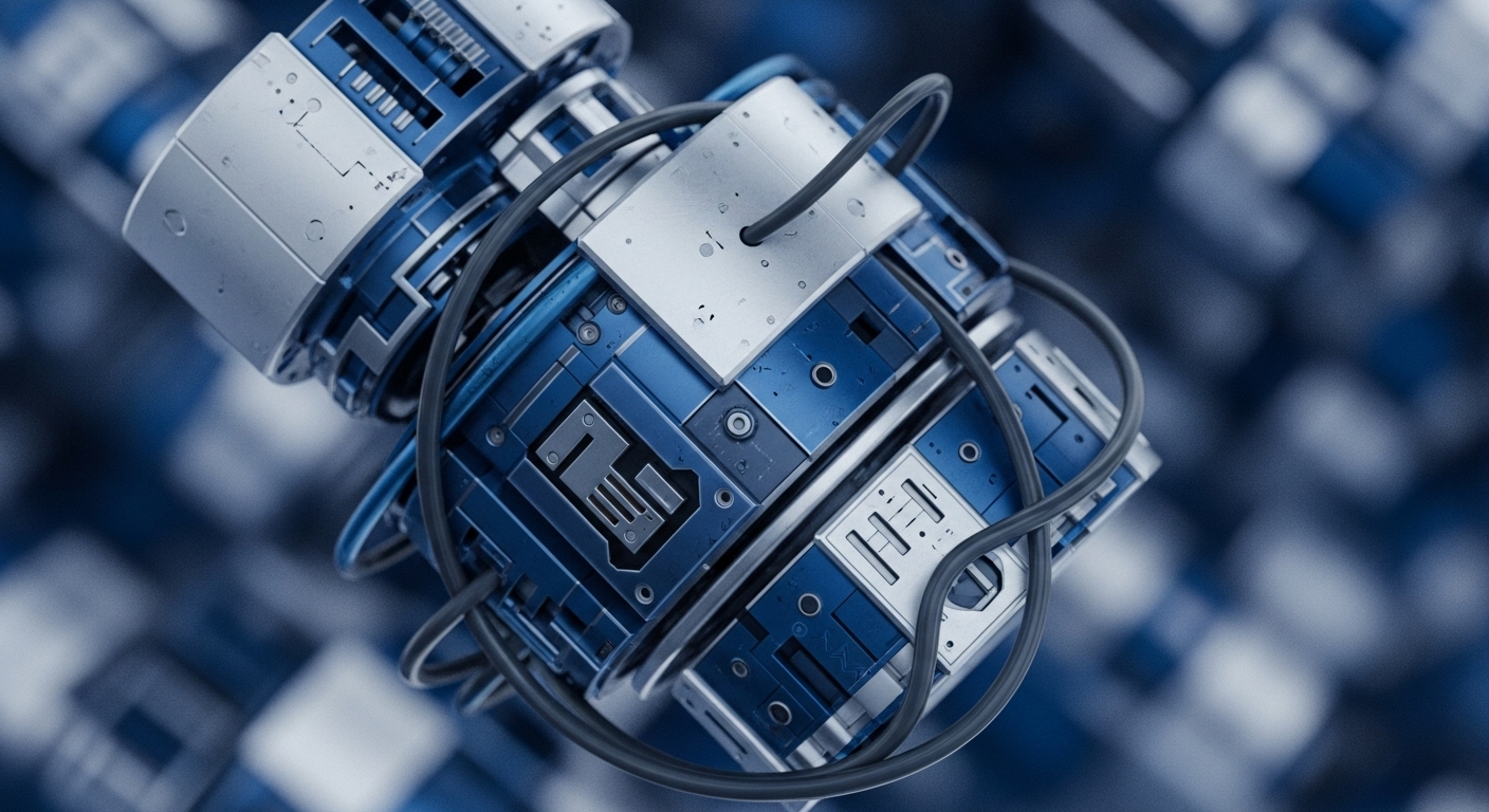 A highly detailed, close-up perspective reveals a sophisticated technological module, predominantly in striking blue and metallic silver, featuring interlocking panels and visible internal structures. Dark conduits wrap around various sections, connecting distinct components against a blurred background of geometric patterns