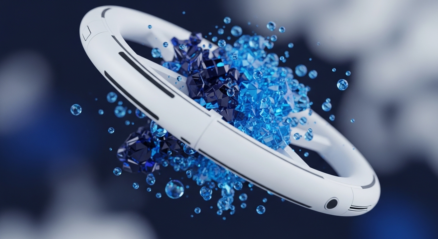A sleek white toroidal structure, evocative of a sophisticated blockchain architecture, frames a vibrant core of multifaceted blue crystalline forms and translucent bubbles. This dynamic visual represents the intricate processes within a distributed ledger technology DLT ecosystem