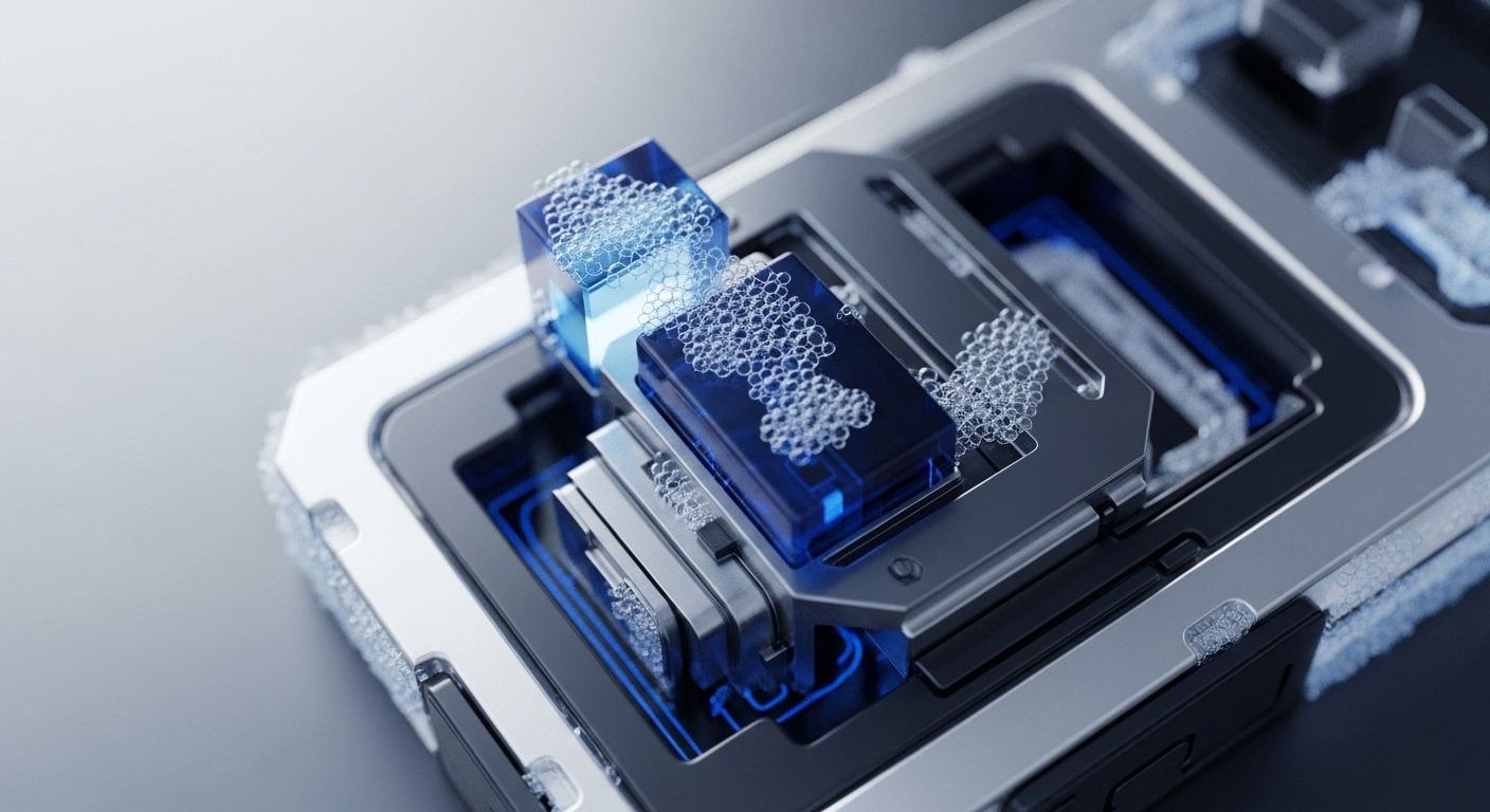 A sophisticated, high-tech apparatus is presented, featuring transparent blue cubic modules filled with a foamy, bubbly substance, interconnected by metallic structures and glowing blue pathways. This detailed rendering visually articulates the complex internal workings of a decentralized network