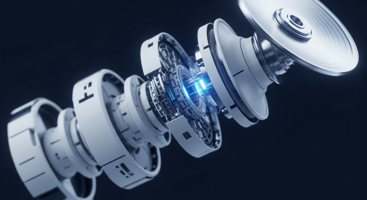 An intricate, disassembled technological component is presented against a dark background, with individual segments floating apart. The central section glows with a bright blue light, illuminating the detailed internal structures