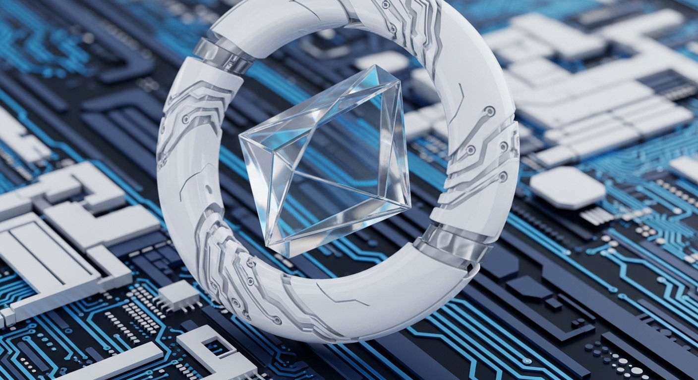 A transparent, angular crystal token is centrally positioned within a sleek, white ring displaying intricate circuit board motifs. This assembly is suspended over a vibrant, blue-illuminated circuit board, hinting at advanced technological integration