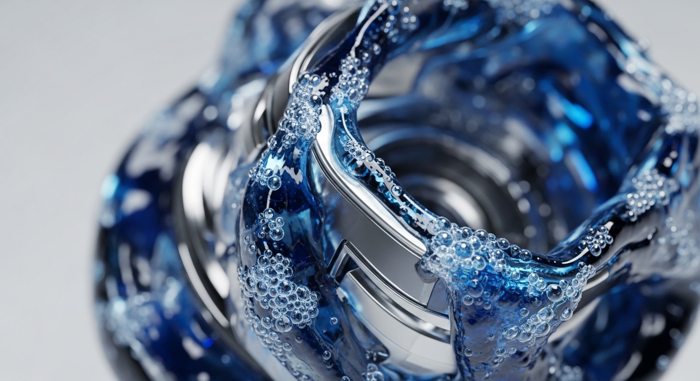 A vibrant, close-up view reveals intricate metallic structures partially submerged and enveloped by a flowing, bubbly blue liquid. Numerous clear bubbles adhere to and move with the translucent fluid, highlighting the dynamic interaction around the polished silver components