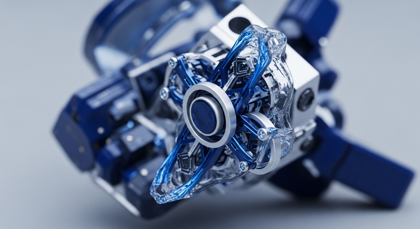 A macro perspective highlights a sophisticated mechanical apparatus, dominated by translucent blue and metallic silver components. At its core, a circular silver bezel frames a dark blue element, anchoring a complex arrangement of radiating structures