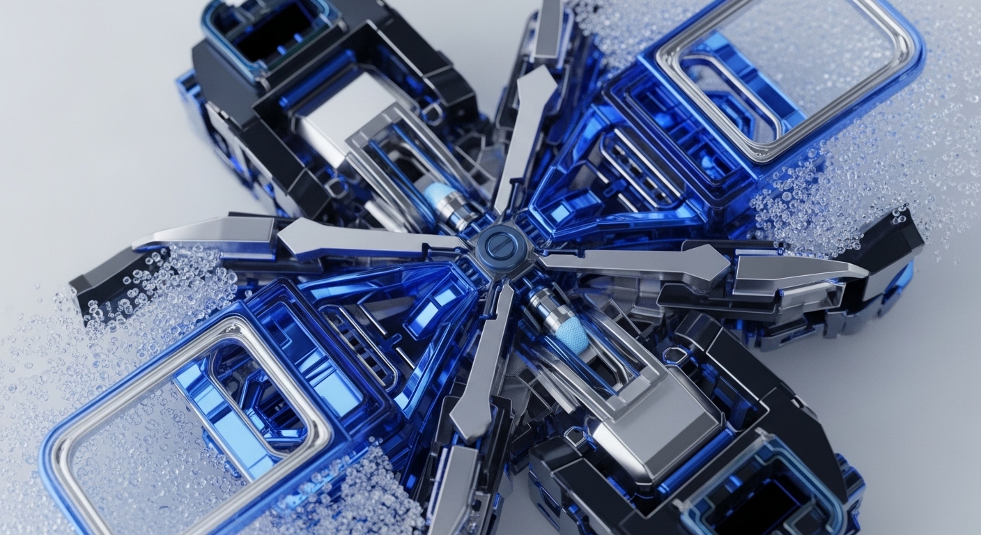 A detailed, futuristic rendering displays a complex, symmetrical mechanical structure with translucent blue and metallic silver elements radiating from a central point, set against a light grey background. Numerous small, clear spheres are scattered across the surface, particularly along the lower left and upper right, suggesting dynamic movement