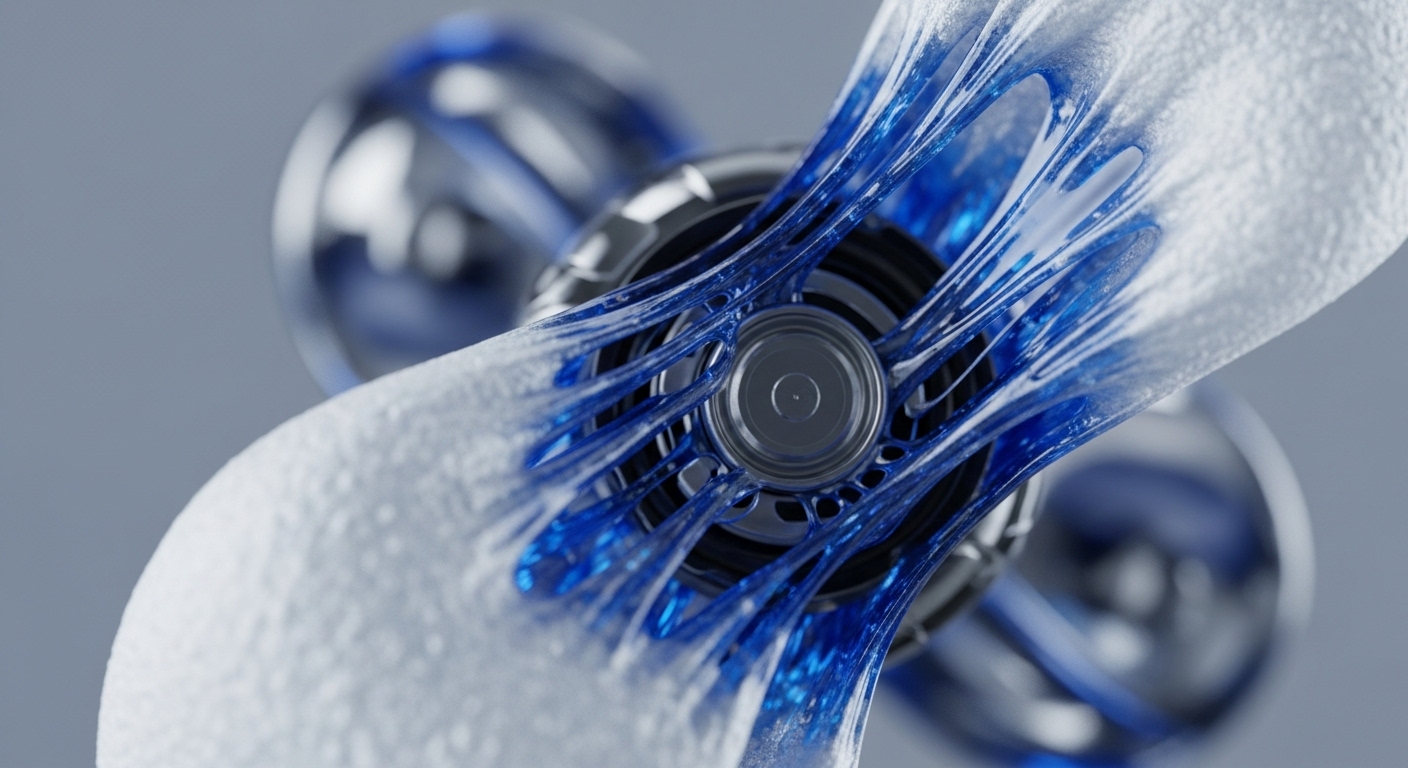 A central metallic mechanism anchors four translucent, white-textured blades, intricately veined with vibrant blue liquid-like channels. These dynamic structures emanate from the core, suggesting rapid data flow and advanced computational processing crucial for modern distributed ledger technologies
