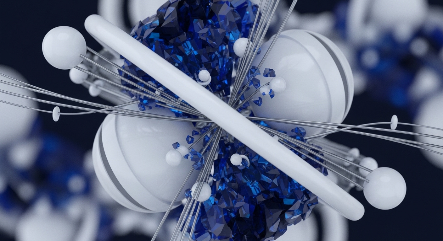 A complex abstract arrangement displays polished white spheres, some striped, forming a central structure interconnected by fine metallic wires. Deep blue crystalline shards are scattered throughout, contributing to the visual density
