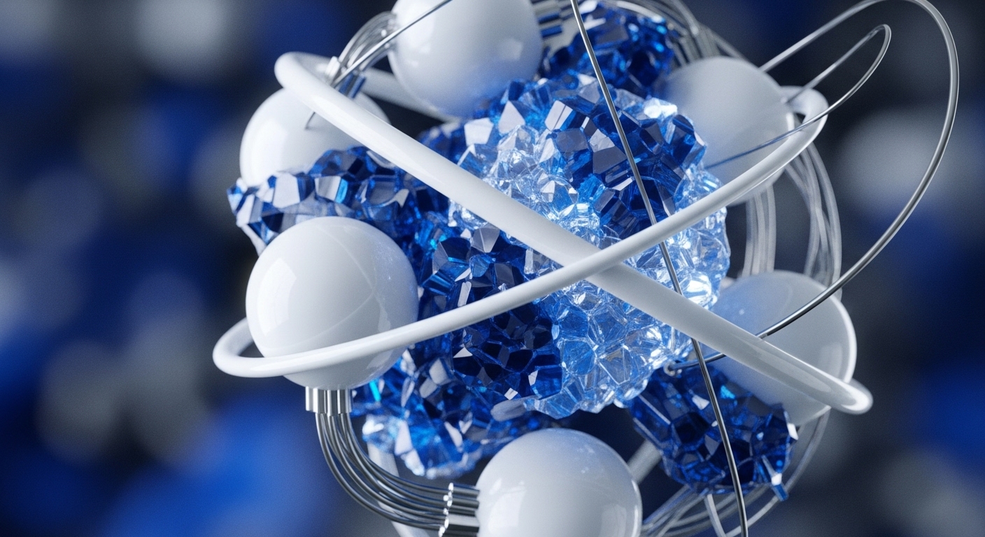 The visual presents a complex abstract arrangement featuring a central cluster of faceted blue crystalline shapes, encircled and interconnected by smooth white spheres. Glossy white rings and thin metallic wires weave through the structure, all set against a blurred background of deep blue hues