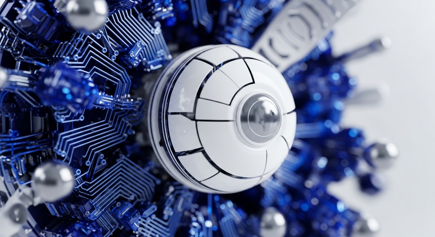 A highly detailed, abstract digital rendering showcases a central, segmented white sphere with a central lens, resembling a sophisticated node or data unit. This orb is enveloped by a vibrant, complex array of glowing blue circuitry, reminiscent of advanced printed circuit boards, and interspersed with reflective metallic spheres
