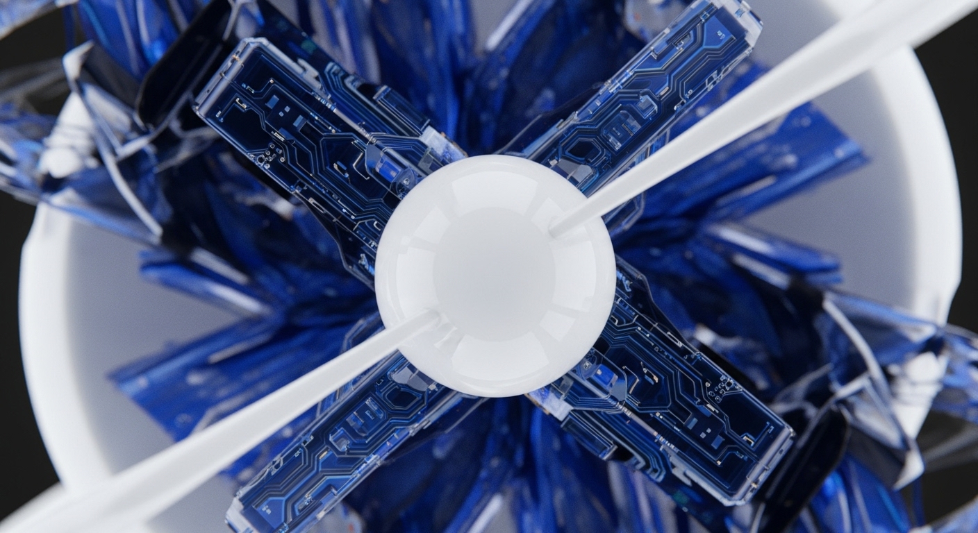 A pristine white sphere anchors a dynamic composition, intersected by smooth, white conduits. Emanating from this core are sharp, angular forms with intricate blue circuitry, resembling digital pathways or data streams