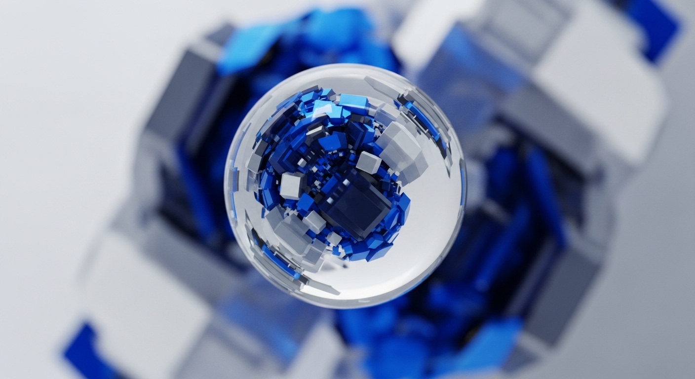 A clear sphere contains a dense aggregation of sharp blue and gray geometric cubes, forming a complex, layered structure. This visual metaphor represents the core architecture of blockchain technology and cryptocurrency systems