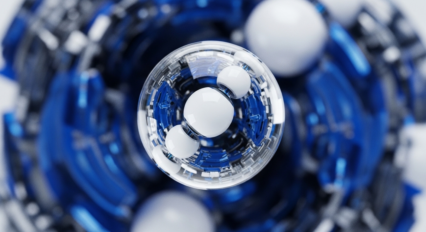 A central transparent sphere encloses a molecular-like arrangement of white orbs, with one primary orb at the core and three smaller orbs orbiting it. This core structure is embedded within a larger, blurred matrix of interlocking blue and silver mechanical components, suggesting a complex, digital architecture