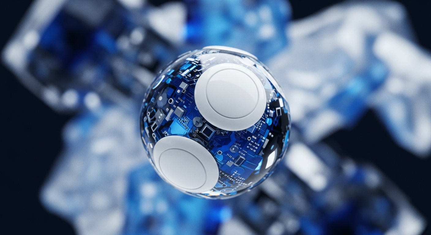 A transparent sphere, patterned with detailed circuitry and embedded white circular components, hovers against a soft-focus background of blue abstract shapes. This visual represents the core of a decentralized network, embodying principles of blockchain technology and distributed ledger systems