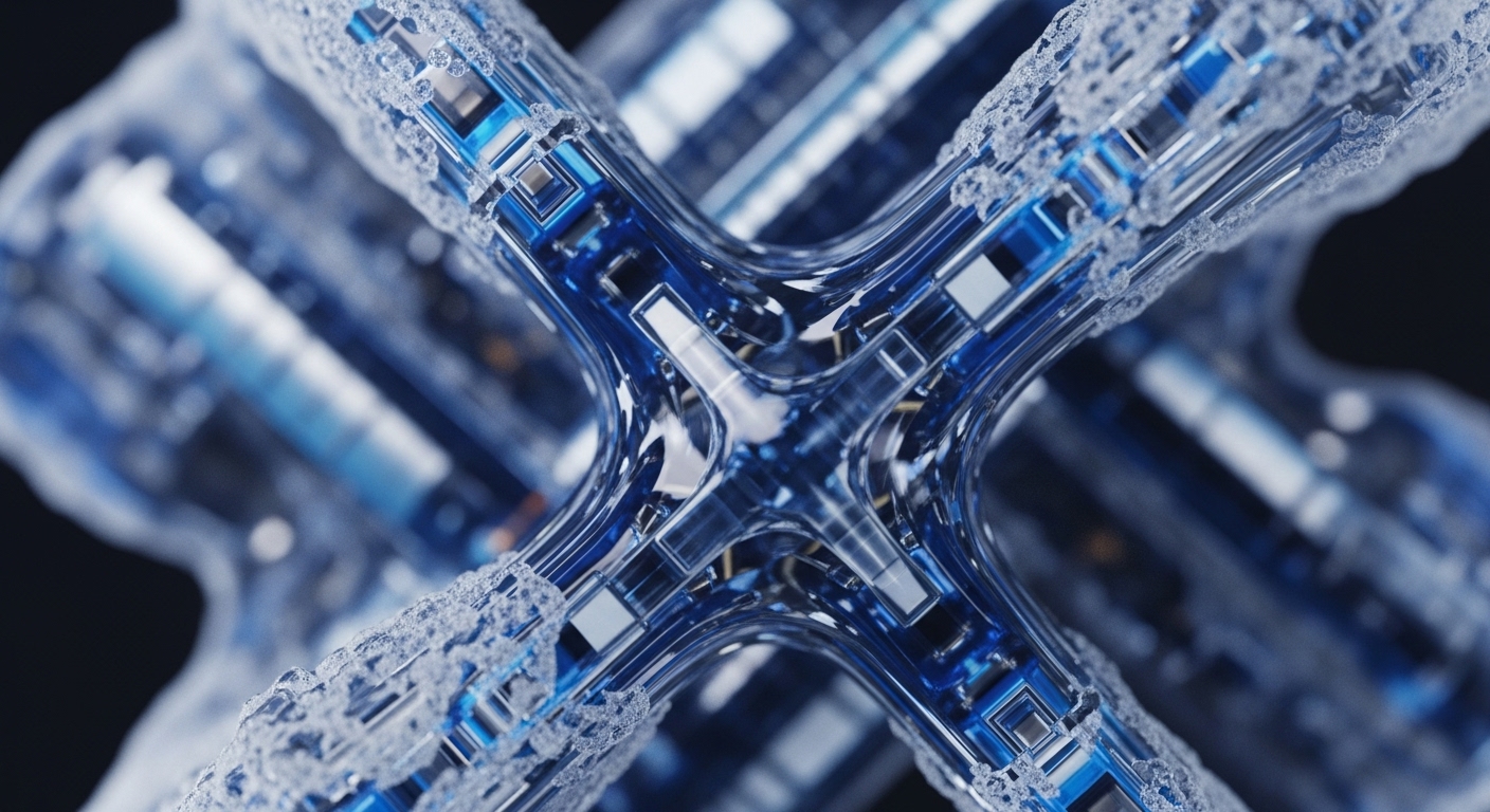 The image presents a detailed, abstract view of an intricate, translucent blue and white crystalline structure, heavily textured with a frosty, granular coating. This central, intersecting network element is sharply focused against a soft, dark background, highlighting its complex internal pathways and components