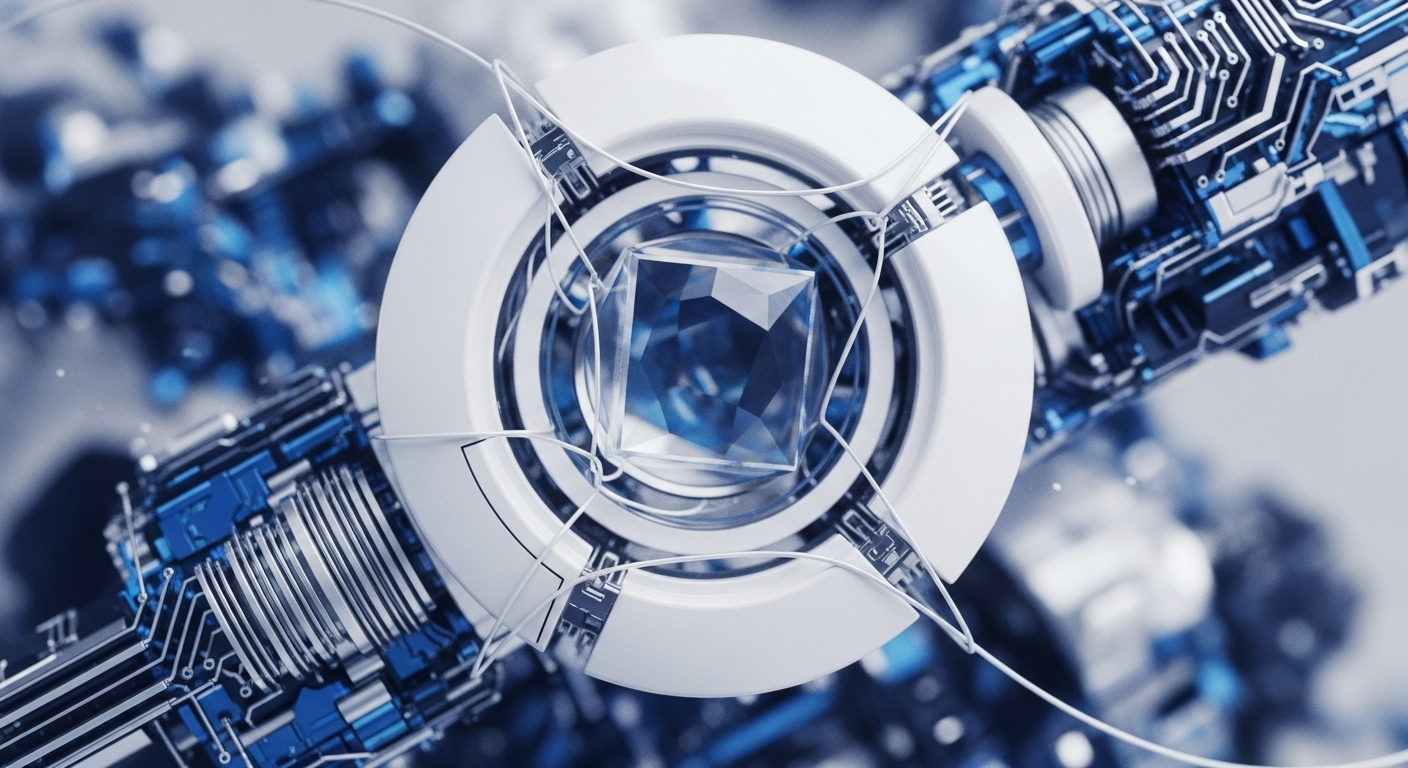 A central, faceted crystalline cube, glowing with internal light, is suspended within a complex, white mechanical structure. Thin, metallic strands connect the cube to the surrounding intricate framework, which features blue circuit board-like patterns and metallic components. This visual metaphor represents the core cryptographic nexus of a decentralized ledger technology, symbolizing the immutable data block within a distributed network. It evokes concepts of secure data processing, consensus mechanisms, and the foundational architecture of blockchain protocols.