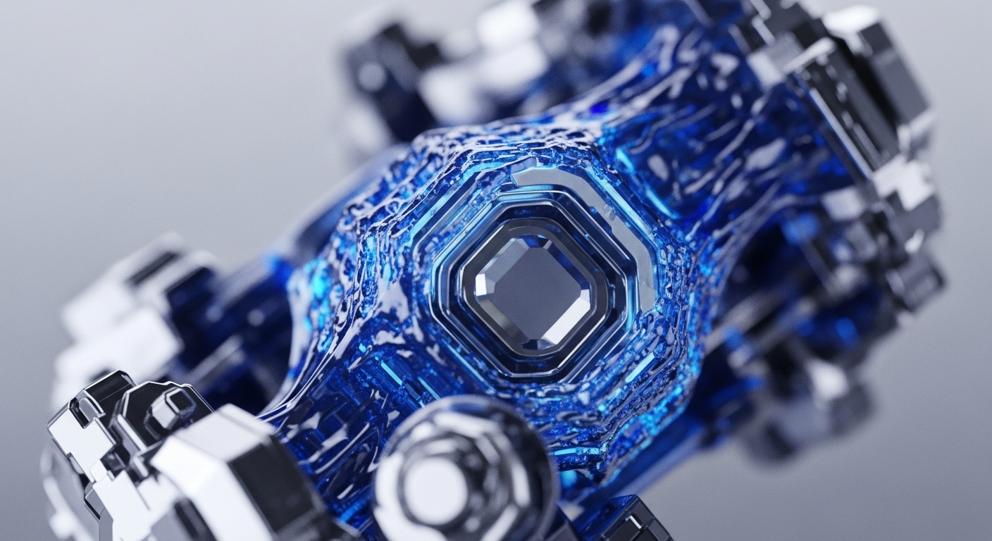 A close-up view showcases a sophisticated, metallic and blue glowing structure. At its center, a deep blue, textured, almost liquid-like material encases a geometric, octagonal component, which appears to be a core element, surrounded by polished silver and darker grey segments, creating a complex, engineered appearance with a shallow depth of field