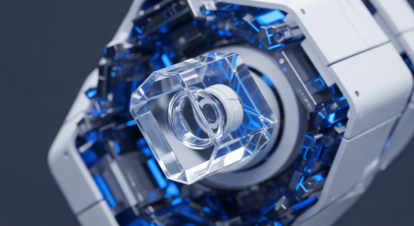 A central, clear crystalline cube reveals a complex, illuminated internal structure with bright blue accents. This abstract representation visualizes the foundational elements of decentralized systems, akin to a core node within a distributed ledger network