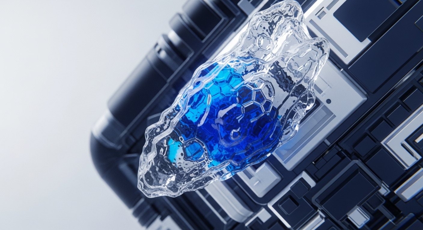 A translucent, fluid-like envelope protects a vibrant blue, geometrically patterned core, composed of interconnected hexagonal cells. This intricate structure is positioned above a complex array of dark, metallic, and silver-toned technological components, hinting at underlying digital architecture