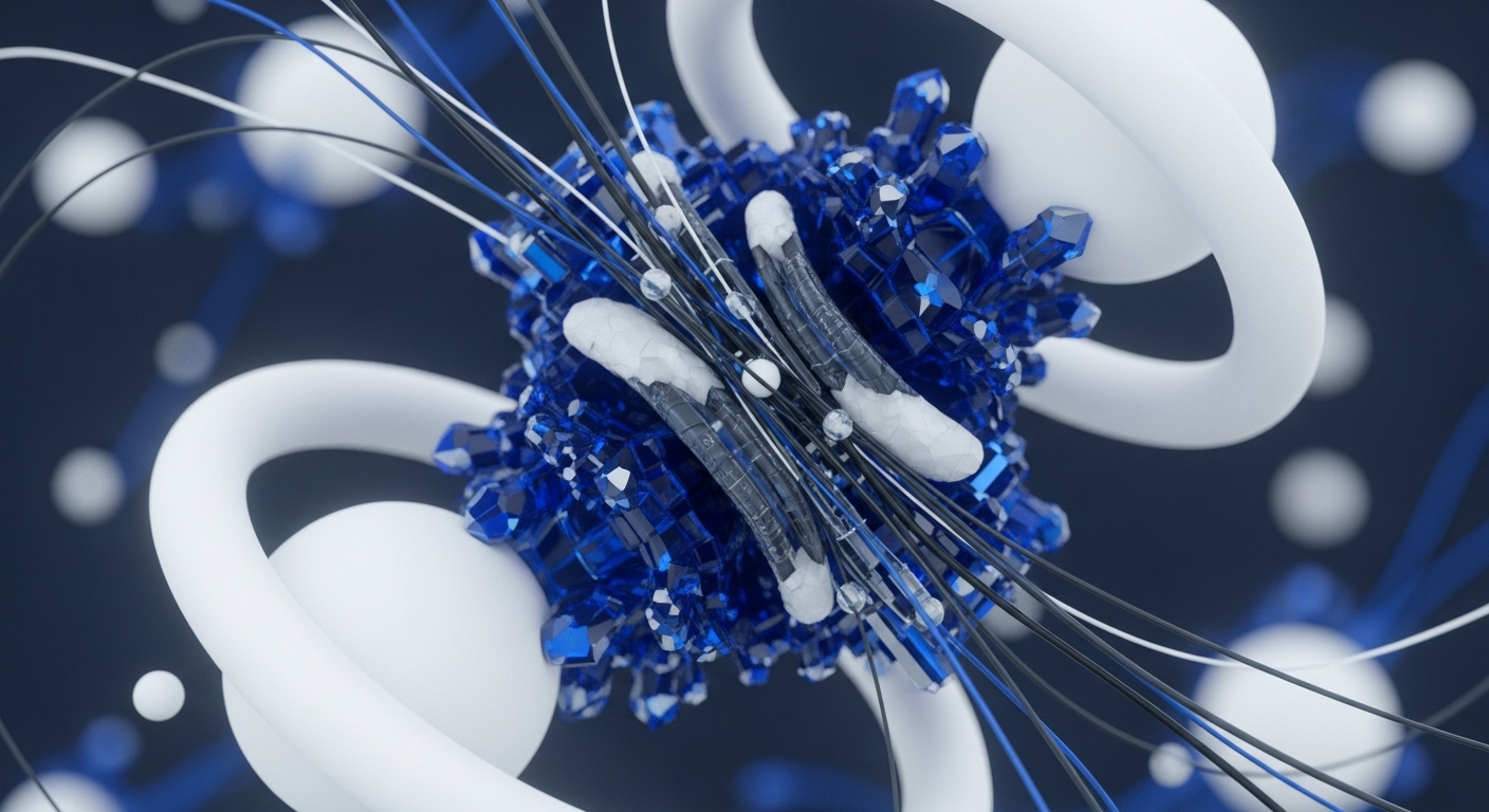 The image presents a striking abstract composition featuring a central formation of vibrant blue, faceted crystals surrounded by flowing white structures. Thin lines in black, white, and blue emanate from the core, connecting various elements