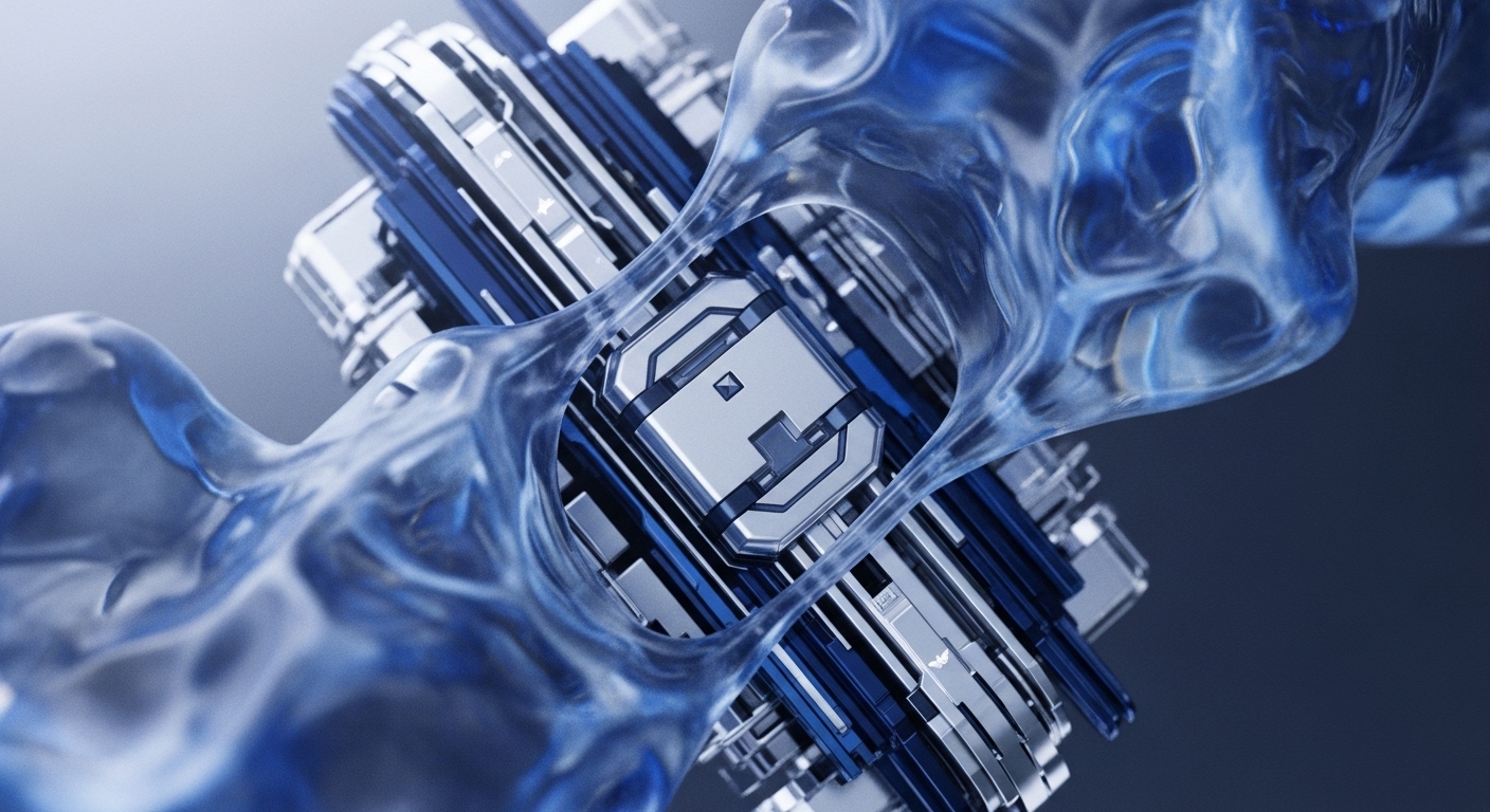 A sophisticated metallic processor, composed of intricate silver and blue components, is centrally positioned and partially encased by a translucent, fluid-like blue material. This dynamic fluid appears to interact with the core structure, suggesting a system of active data transfer and operational cooling