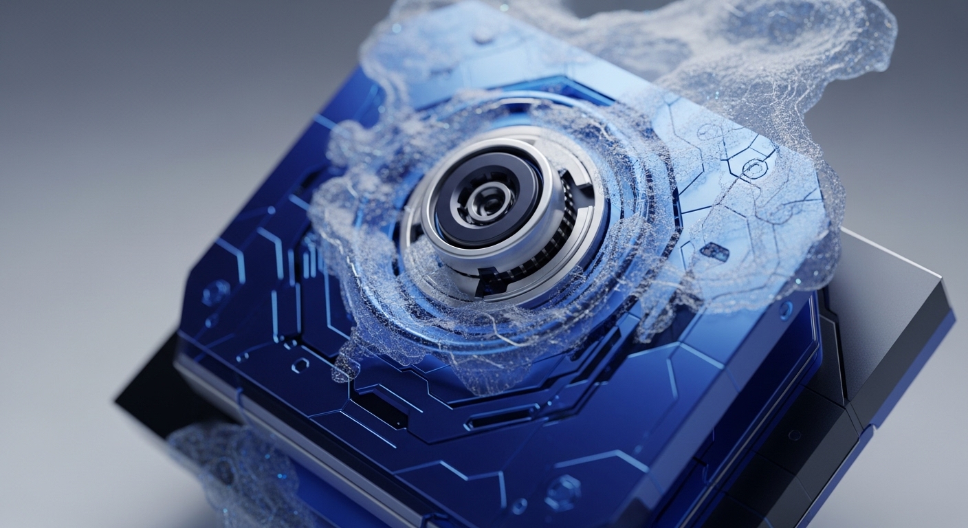 A sleek, metallic blue technological device with a prominent central circular mechanism is captured in a high-angle shot. A translucent, web-like substance appears to emanate from this core, spreading across its patterned surface