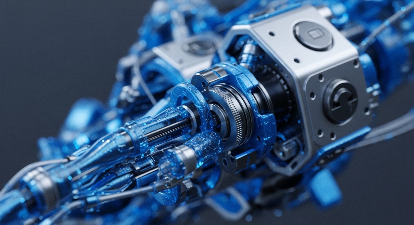 A detailed close-up reveals an advanced mechanical assembly, featuring vibrant blue translucent conduits intertwined with metallic silver components. Gears, shafts, and structured housings are prominent, conveying an impression of intricate engineering and precise functionality