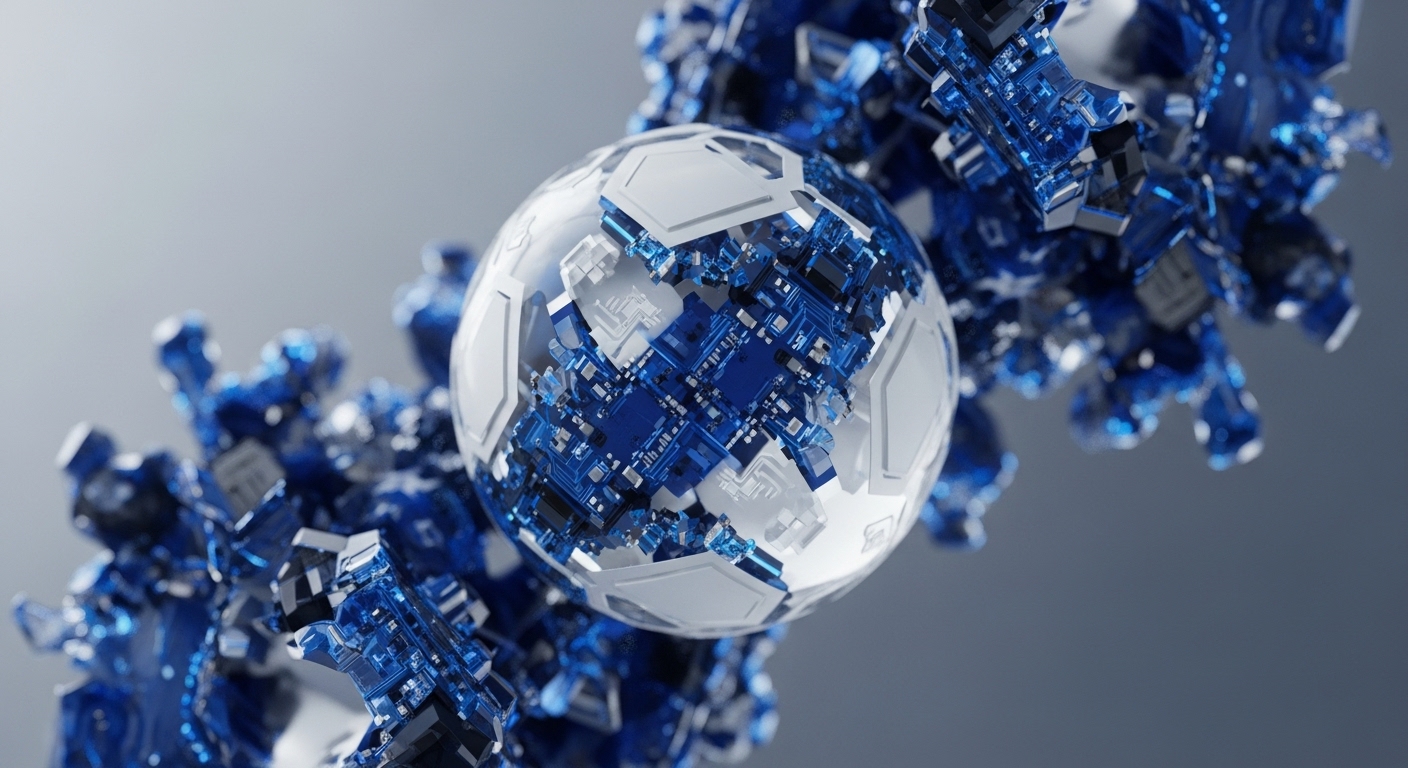 A translucent sphere, patterned like a soccer ball with white hexagonal and pentagonal panels, encloses a dense network of vibrant blue printed circuit boards and microchips. This encapsulates the abstract concept of a decentralized ledger's core processing unit, symbolizing the intricate computational power driving cryptocurrency transactions and smart contract protocols