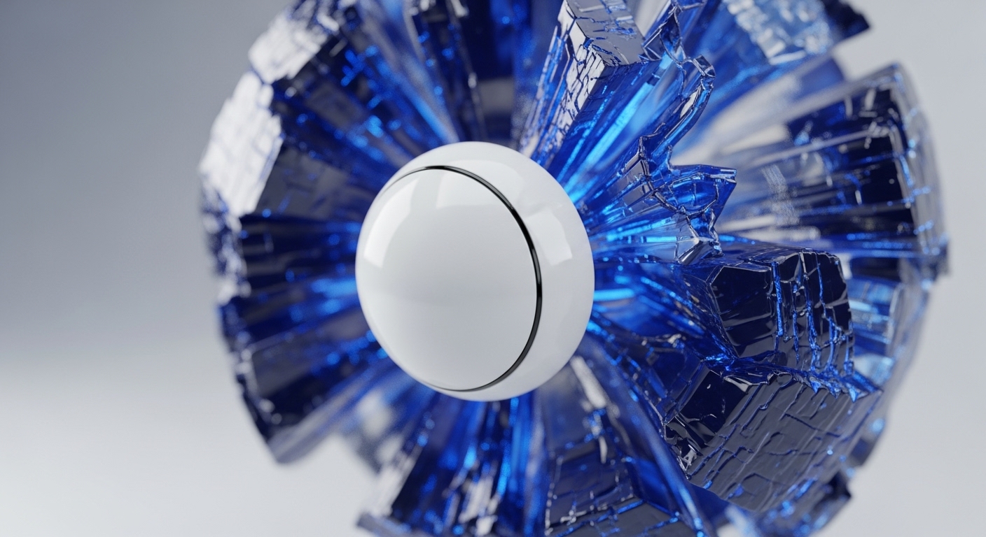 A smooth, glossy white sphere with a subtle dark equatorial line is prominently centered, surrounded by an intricate, radiating structure of sharp, translucent blue crystalline forms. These vibrant blue elements appear to expand outwards, forming a complex, energetic halo against a soft, diffused grey background