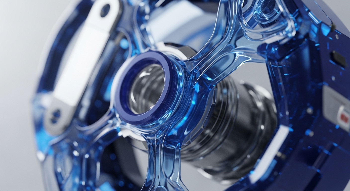 The image presents a detailed view of a transparent blue mechanical structure, featuring a central circular element and intricate internal metallic components. The translucent material reveals complex engineering, with lighter blue highlights emphasizing its sculpted forms