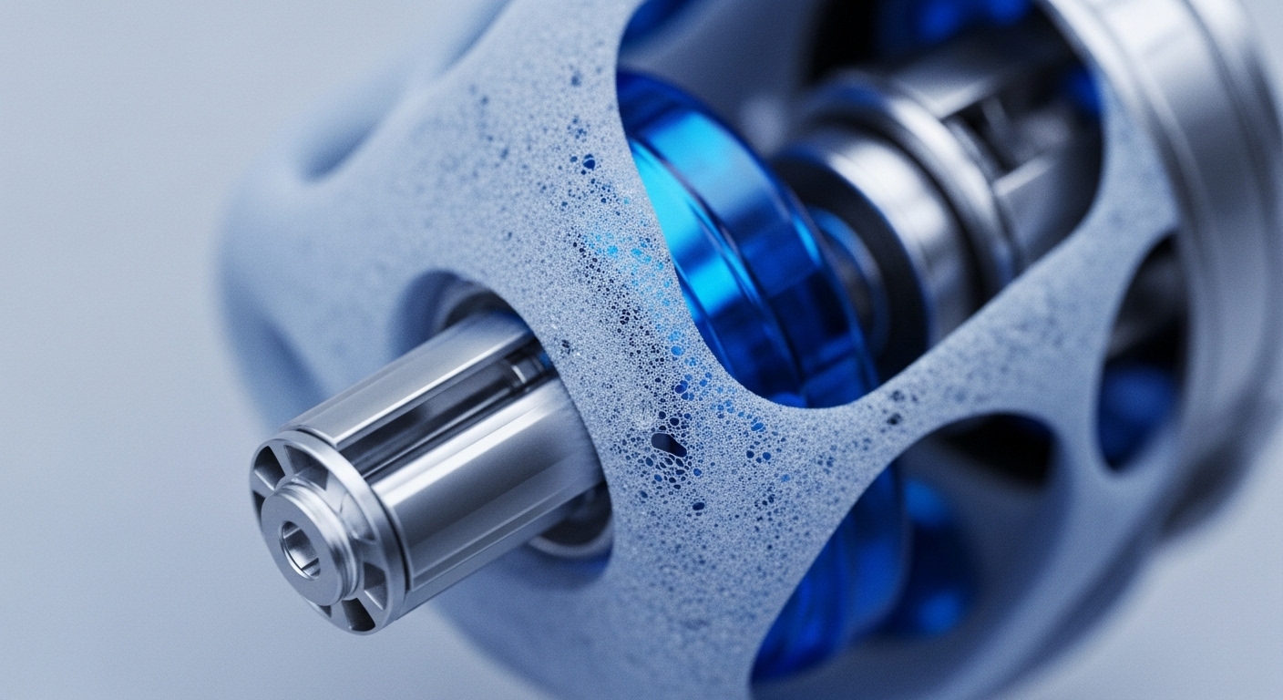A highly detailed macro view reveals a polished metallic shaft extending from a complex, light-grey structure characterized by a dense, porous, bubble-like texture. Behind this intricate framework, glowing blue internal components are partially visible through circular openings, suggesting dynamic activity within