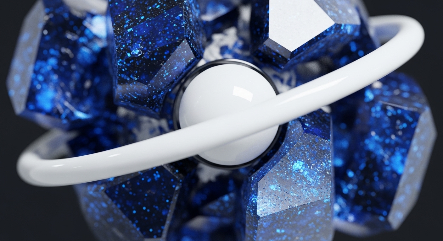A striking abstract composition features a central white sphere and an orbiting white ring, enveloped by numerous faceted dark blue crystalline forms. These interconnected structures are imbued with sparkling blue specks, creating a cosmic, high-tech aesthetic