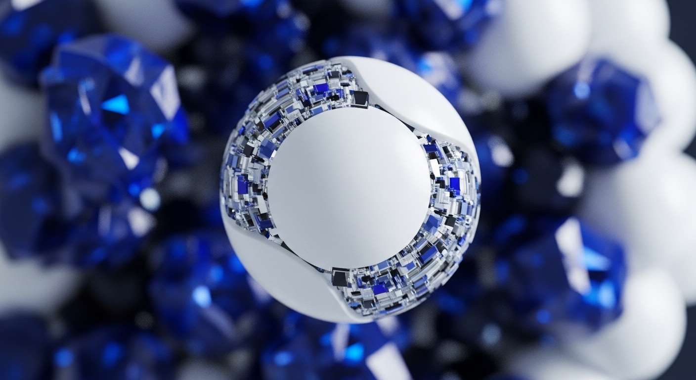 A white spherical object with embedded metallic and blue modular elements floats centrally, surrounded by blurred blue crystalline polygons and white spheres. The sphere's exposed internal structure suggests a complex, interconnected system, reminiscent of a sophisticated blockchain node