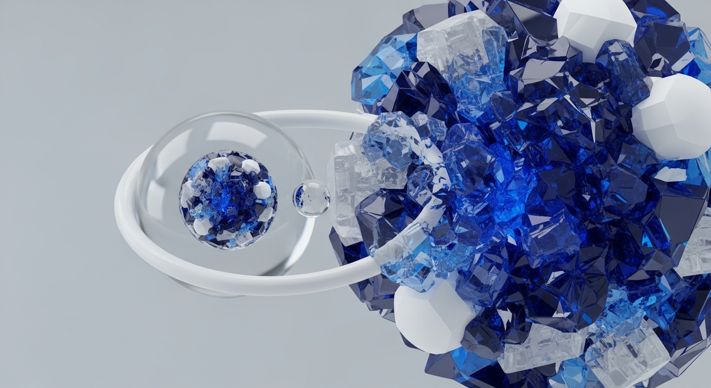 A dynamic abstract composition showcases a large, intricate cluster of shimmering blue and clear crystalline shards, interspersed with smooth white geometric shapes. These elements symbolize the foundational architecture of a blockchain network, illustrating the complex interplay of cryptographic primitives and immutable data blocks