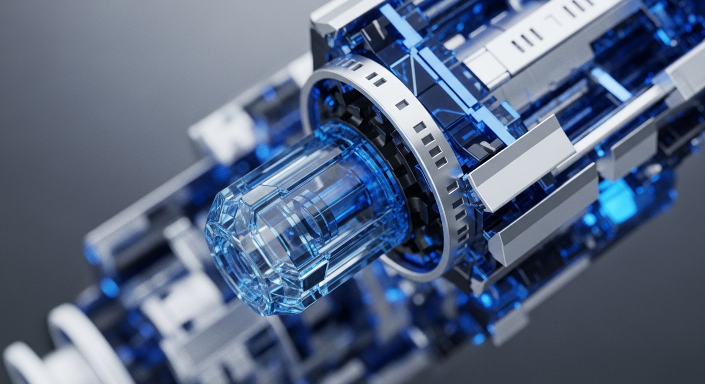 A detailed, close-up view of an intricate, futuristic mechanical assembly features transparent, faceted blue crystalline components interwoven with polished silver and dark metallic structures. Bright blue internal illumination suggests active energy flow or data processing within the core. This visual metaphorically represents a blockchain architecture's internal cryptographic hashing engine, potentially a validator node executing smart contract logic. The transparent elements symbolize data immutability and verifiable transaction processing, highlighting the intricate consensus mechanism underpinning decentralized systems. Its precise engineering evokes secure, high-throughput DLT infrastructure.
