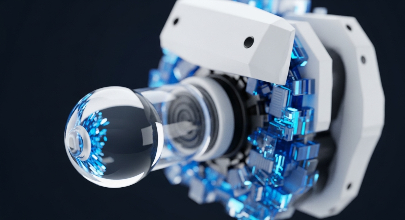 A transparent sphere showcases an internal, dynamic formation of bright blue crystalline particles, appearing as a digital effervescence. This sphere is integrated into a larger, angular white and grey mechanical assembly, reminiscent of a sophisticated technological device