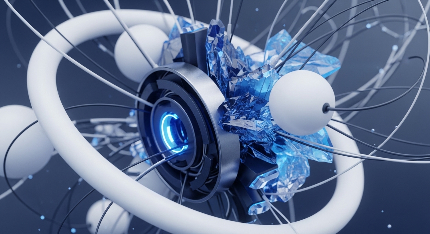 A complex abstract digital render displays a central metallic mechanism with a glowing blue core, enveloped by fragmented blue crystals and white spherical nodes. Numerous thin wires connect these elements, illustrating intricate data pathways within a sophisticated system