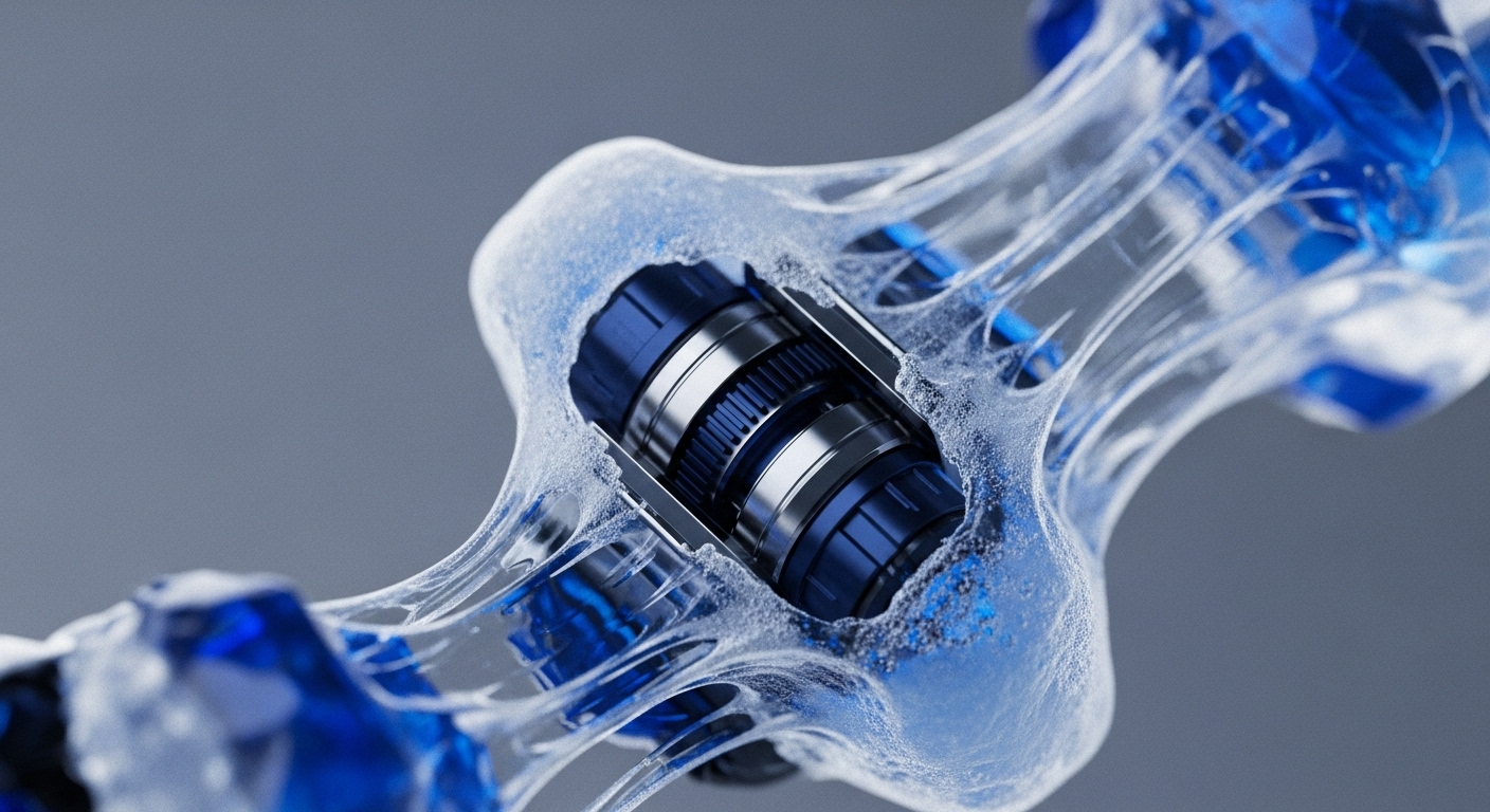 The image displays a translucent, gel-like network structure with embedded blue and metallic mechanical components. A prominent central cylindrical module, featuring ribbed blue sections and silver bands, is housed within this semi-transparent matrix