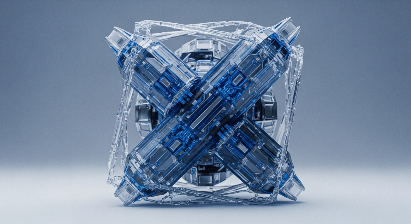 The image features two transparent, elongated modules intersecting centrally in an 'X' shape, showcasing internal blue-lit circuitry, encased within a clear, intricate lattice framework. A spherical, multifaceted core node is visible in the background