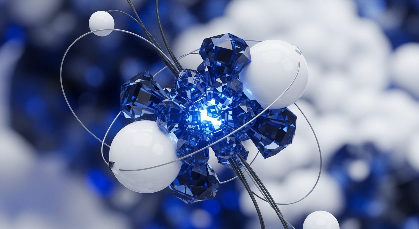 A central cluster of glowing blue faceted crystals, representing a core blockchain architecture, radiates light, symbolizing active transaction validation. Surrounding these are smooth white spheres, depicting network nodes within a distributed ledger technology ecosystem. Thin, silver strands interconnect these elements, illustrating interoperability protocols and data flow across the decentralized network. The blurred background suggests the expansive and complex nature of the digital asset space.