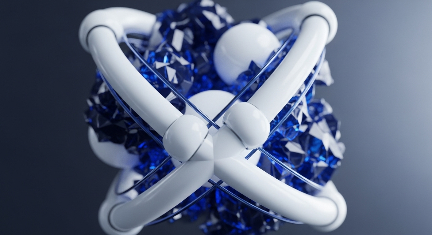 The image displays a complex abstract structure featuring interconnected white tubular elements, forming a geometric cage. This smooth, glossy framework houses a vibrant core of numerous blue, multifaceted crystalline shapes and several pristine white spheres