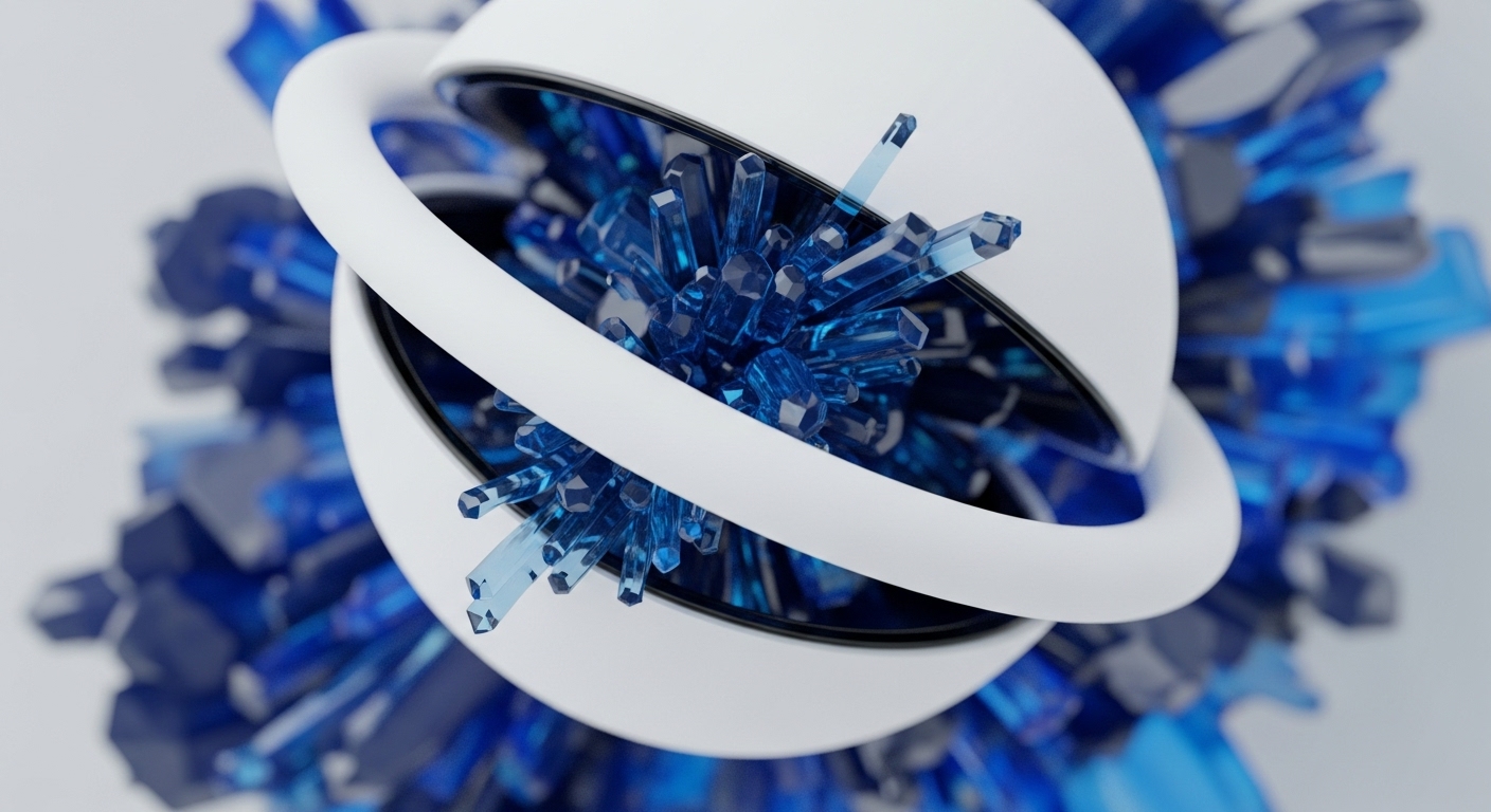 A pristine white spherical shell, interpreted as a protocol layer or secure enclave, reveals an intricate core of sharp, translucent blue crystalline formations. These structures visually represent fundamental cryptographic primitives or digital asset components, densely packed and interconnected, illustrating the complex architecture of blockchain ledger systems
