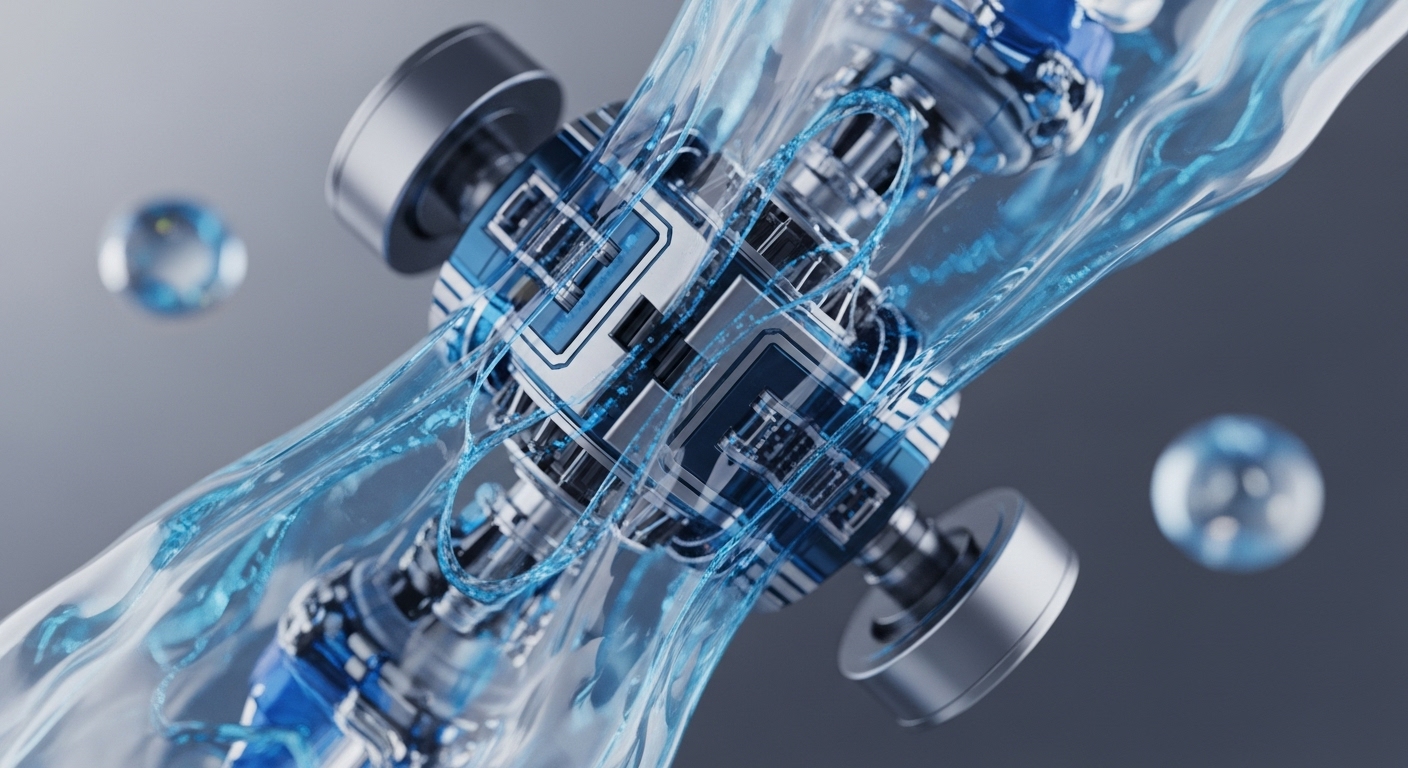 The image showcases a dynamic, transparent blue fluid encapsulating a sophisticated, metallic core structure. This central mechanism features intricate blue light traces, suggesting internal data pathways